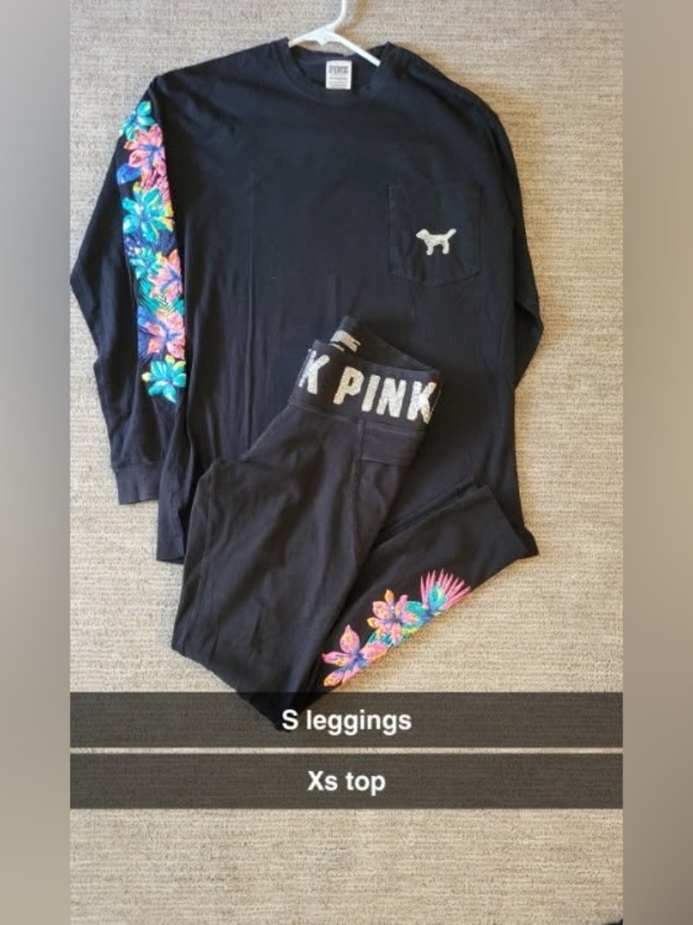 HTF/RARE BLING PINK Black Leggings & Top Set with Colorful Floral Embroidery